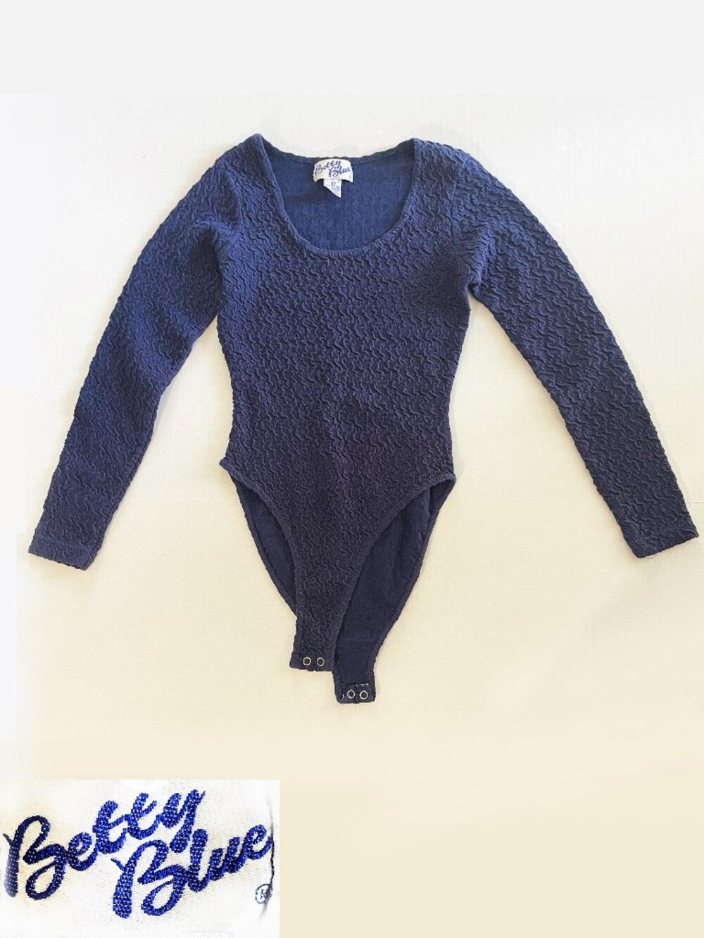 Vintage Betty Blue Textured Popcorn Knit Bodysuit Scoop Neck Navy Blue Size M
